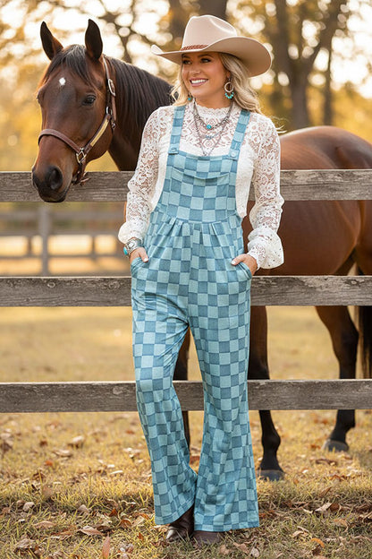 Western blue checkered one piece women‘s boutique jumpsuit XCH16744