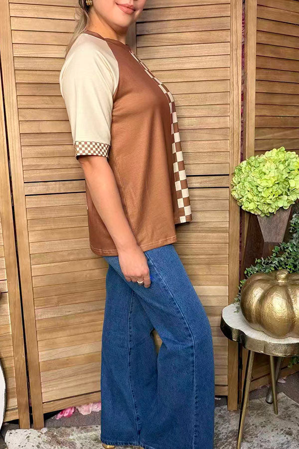 Western patchwork brown & checkered beige raglan sleeve women's boutique top XCH16801