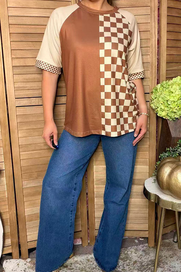 Western patchwork brown & checkered beige raglan sleeve women's boutique top XCH16801