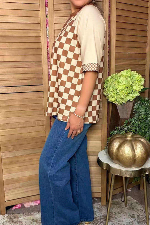 Western patchwork brown & checkered beige raglan sleeve women's boutique top XCH16801