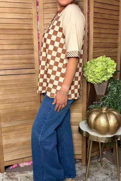 Western patchwork brown & checkered beige raglan sleeve women's boutique top XCH16801