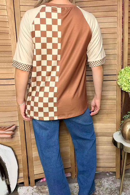 Western patchwork brown & checkered beige raglan sleeve women's boutique top XCH16801