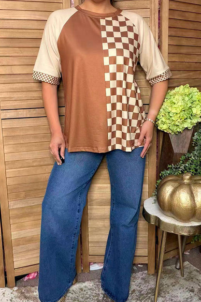 Western patchwork brown & checkered beige raglan sleeve women's boutique top XCH16801
