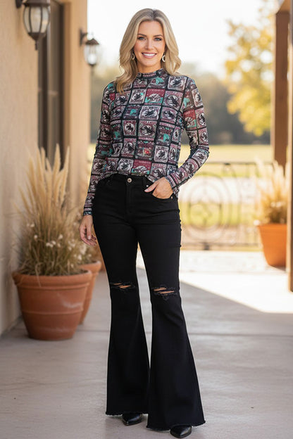 Western printed mesh long sleeve sheer women's boutique top XCH16956