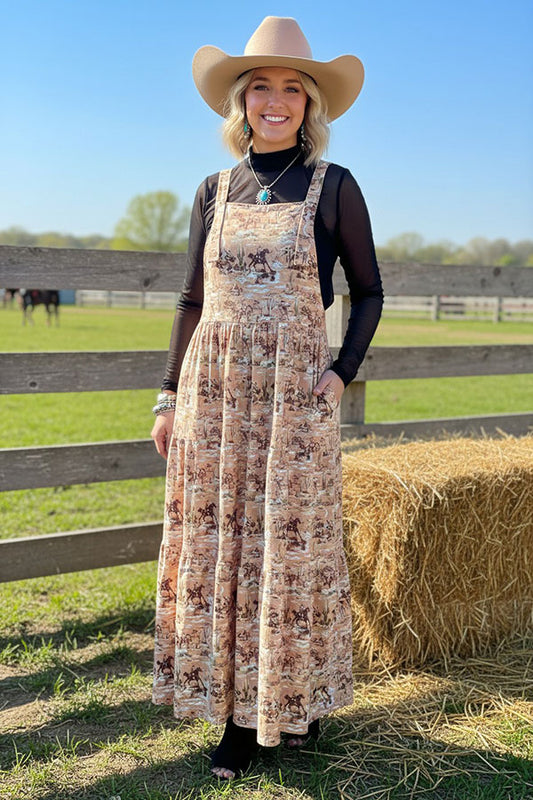 Southern Stitch Western cowboy printed tiered maxi overall women dress XCH17016