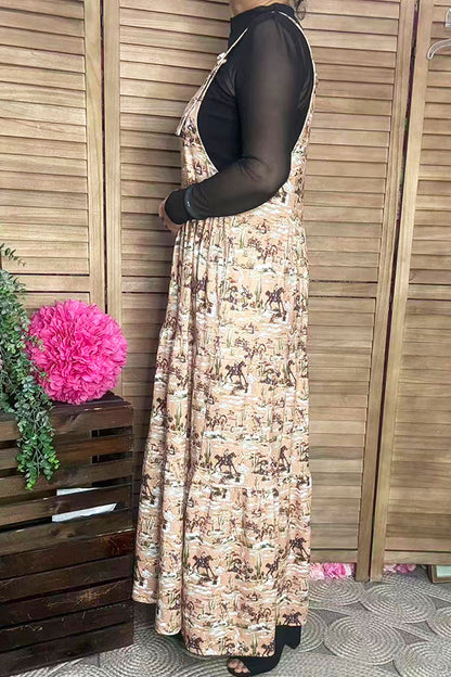 Southern Stitch Western cowboy printed tiered maxi overall women dress XCH17016