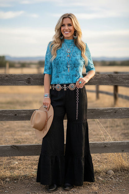 Western turquoise sheer women boutique top Southern Stitch XCH17024