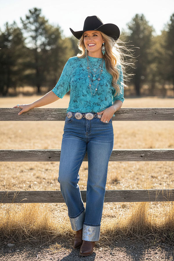 Western turquoise sheer women boutique top Southern Stitch XCH17024