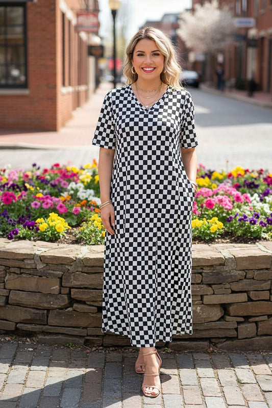 Southern Stitch Checkered printed short sleeve maix dress w/side slits XCH17041