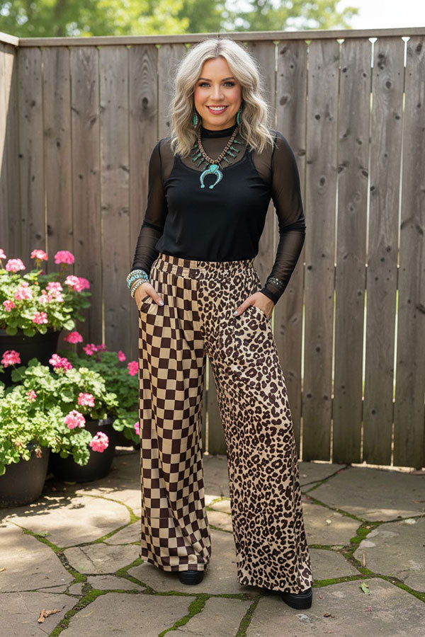 Western half leopard & checkered wide leg women's boutique pant XCH17046