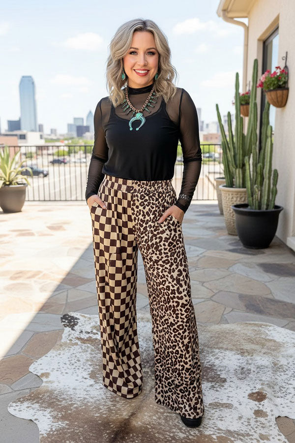 Western half leopard & checkered wide leg women's boutique pant XCH17046