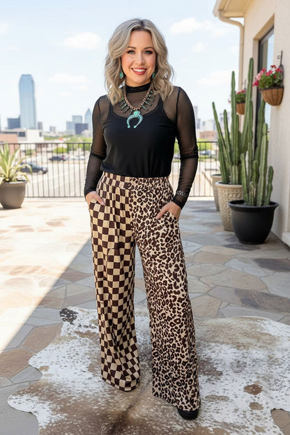 Western half leopard & checkered wide leg women's boutique pant XCH17046