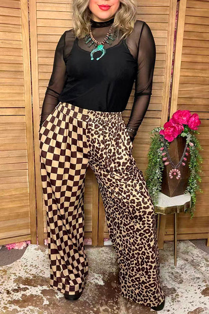 Western half leopard & checkered wide leg women's boutique pant XCH17046