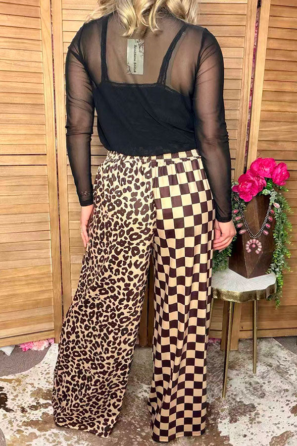 Western half leopard & checkered wide leg women's boutique pant XCH17046