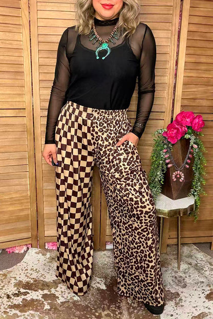 Western half leopard & checkered wide leg women's boutique pant XCH17046