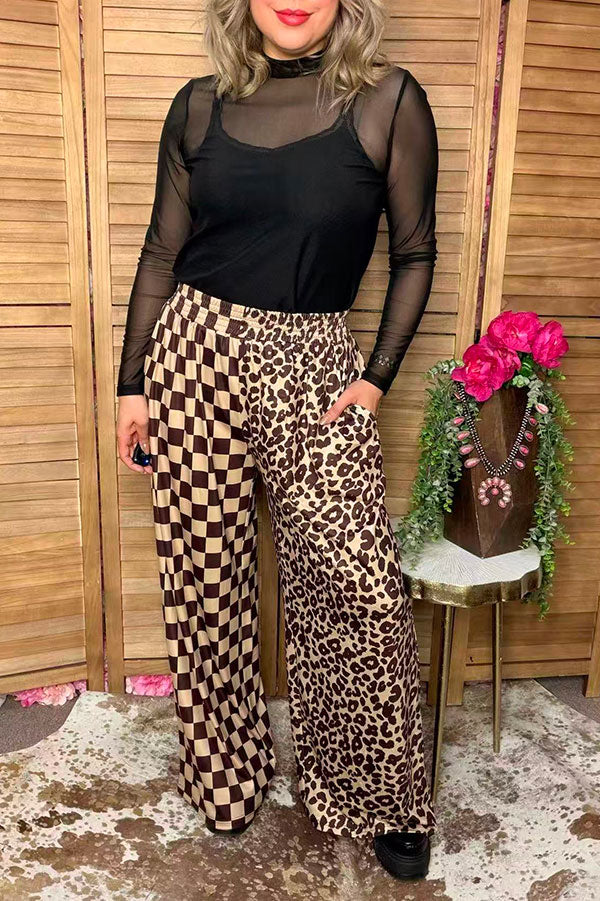 Western half leopard & checkered wide leg women's boutique pant XCH17046