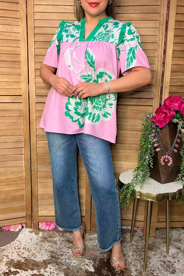 Chic green floral pink ruffle short sleeve women's boutique top Southern Stitch XCH17054