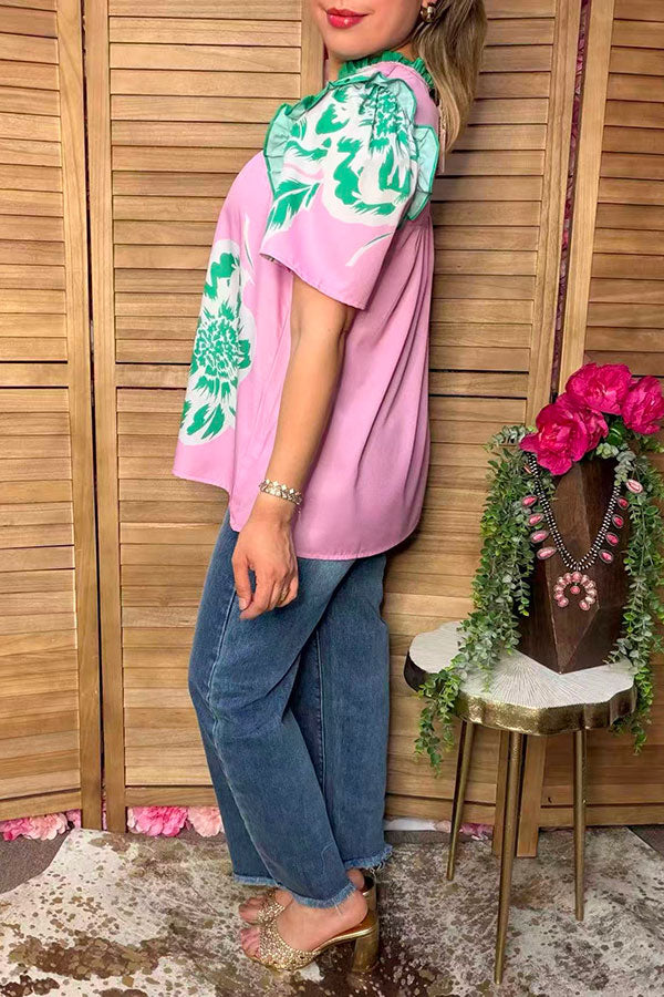 Chic green floral pink ruffle short sleeve women's boutique top Southern Stitch XCH17054