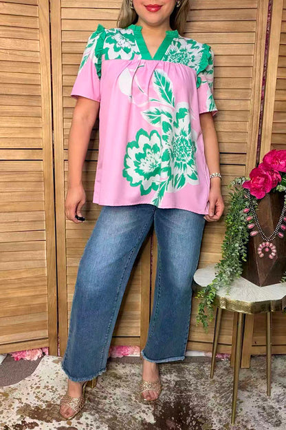 Chic green floral pink ruffle short sleeve women's boutique top Southern Stitch XCH17054