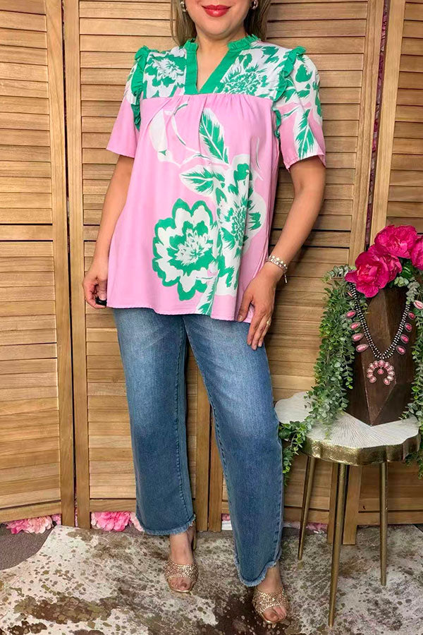 Chic green floral pink ruffle short sleeve women's boutique top Southern Stitch XCH17054