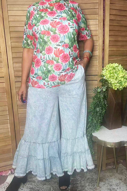 Western denim ruffled wide leg women's boutique jeans Southern Stitch XCH17097
