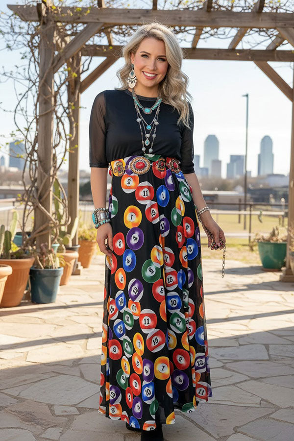 Western black & billiard balls print mesh maxi women boutique dress Southern Stitch XCH17104