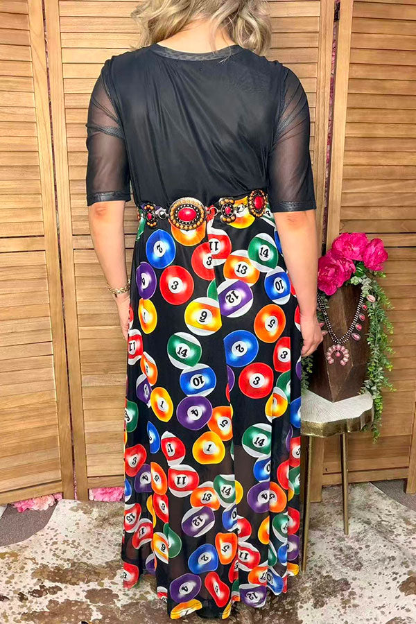 Western black & billiard balls print mesh maxi women boutique dress Southern Stitch XCH17104