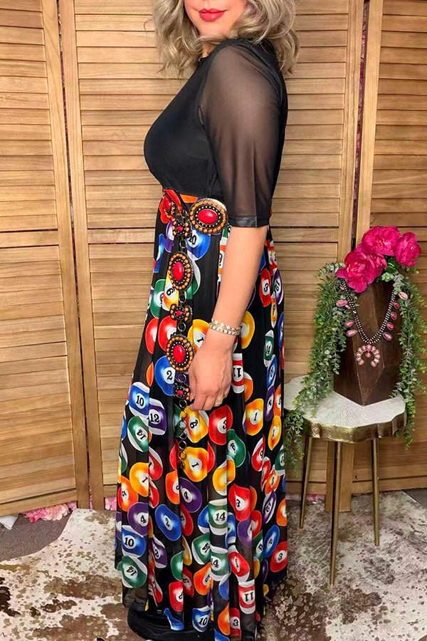 Western black & billiard balls print mesh maxi women boutique dress Southern Stitch XCH17104