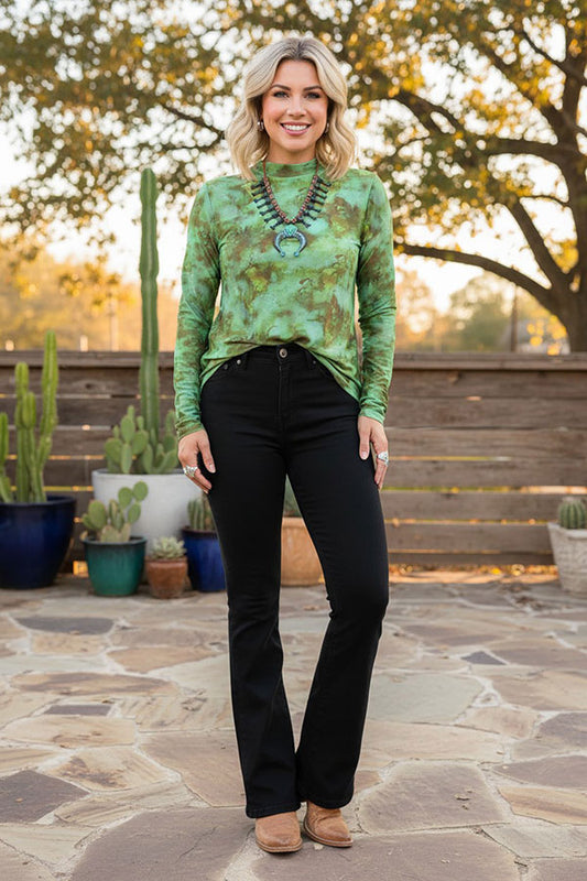 Western moss green tie dye sheer women's boutique top Southern Stitch XCH17153