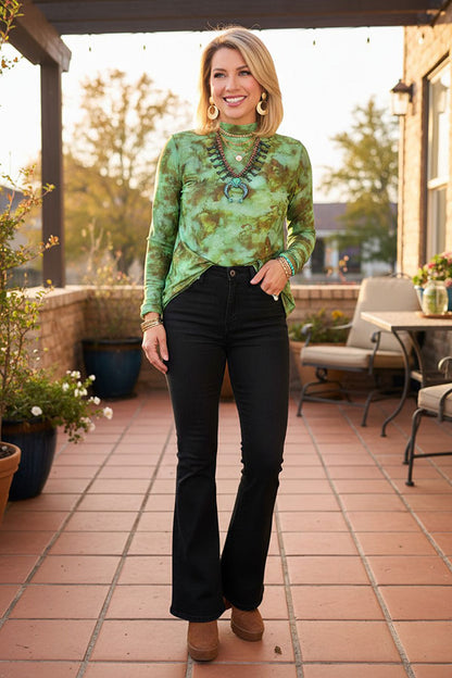 Western moss green tie dye sheer women's boutique top Southern Stitch XCH17153