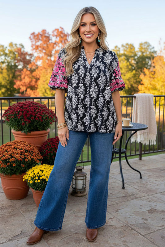 Western pink embroidery puff sleeve white floral women's boutique top XCH17155