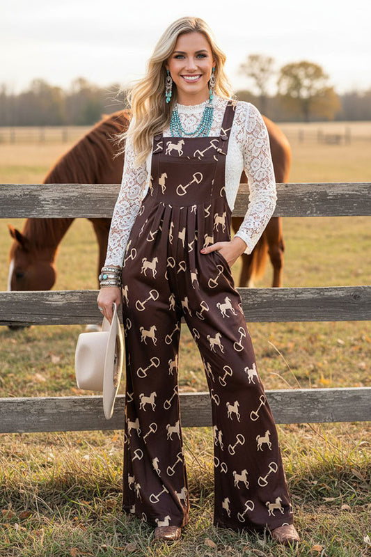 Western chic horse & stirrup print wide leg women boutique overall jumpsuit XCH17192