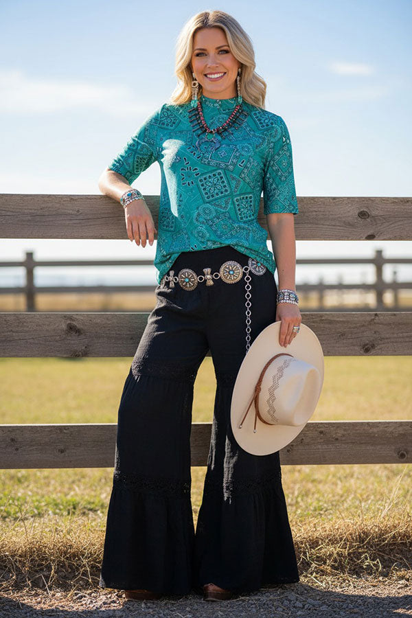Western turquoise paisley sheer women's boutique top Southern Stitch XCH17202