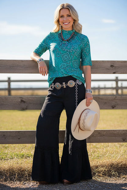 Western turquoise paisley sheer women's boutique top Southern Stitch XCH17202