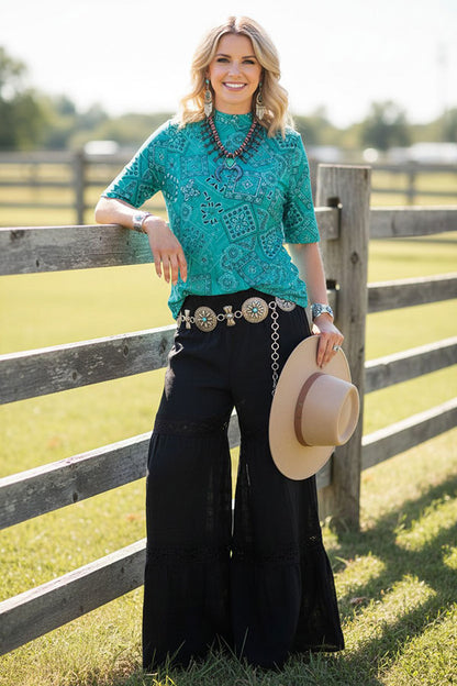 Western turquoise paisley sheer women's boutique top Southern Stitch XCH17202
