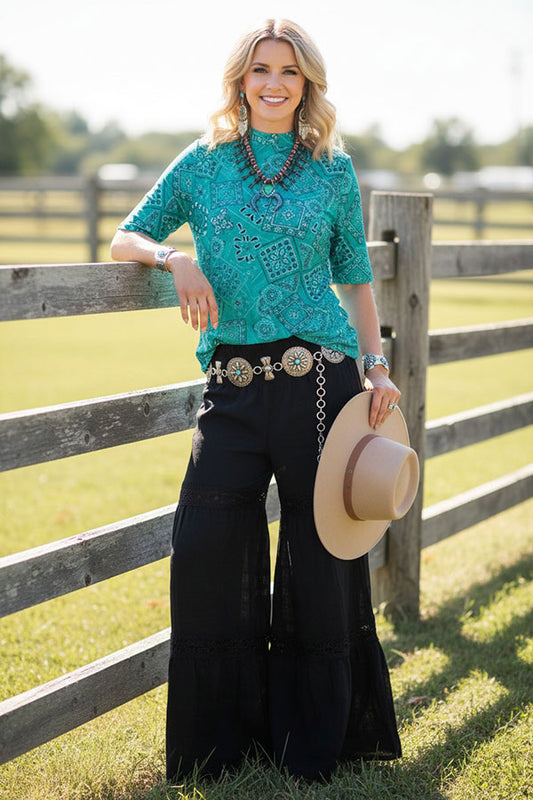 Western turquoise paisley sheer women's boutique top Southern Stitch XCH17202