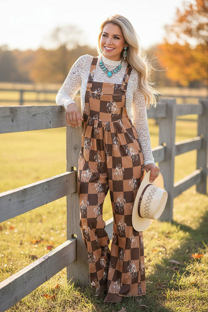 Western cowboy & checkered wide leg women's boutique jumpsuit XCH17204