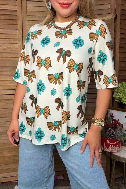 Western checkered bows & jewels short sleeve women's boutique top Southern Stitch XCH17214