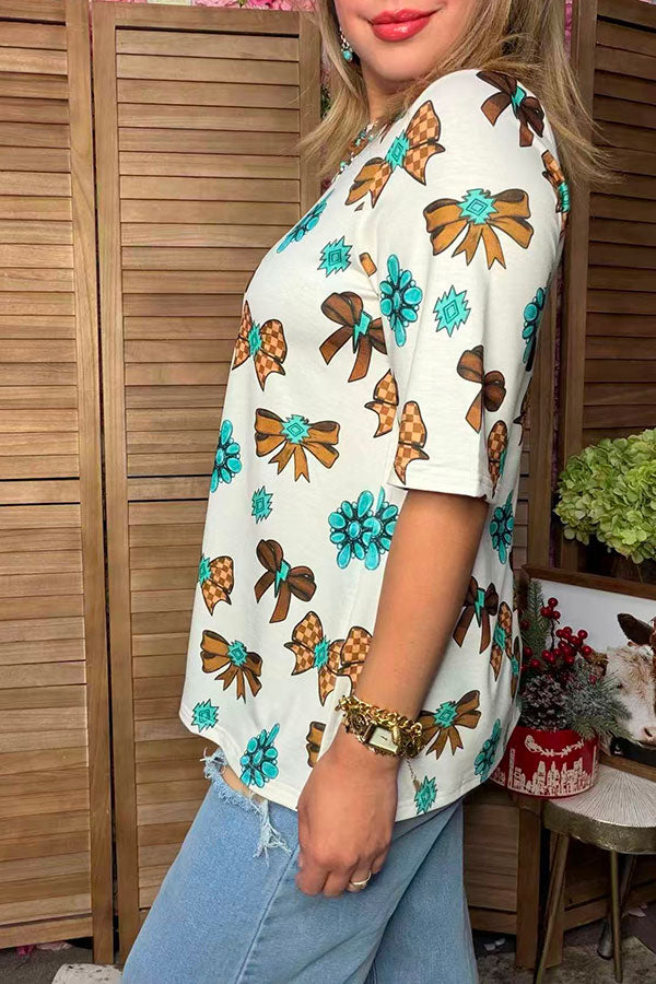 Western checkered bows & jewels short sleeve women's boutique top Southern Stitch XCH17214
