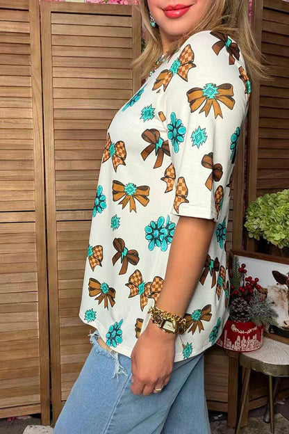 Western checkered bows & jewels short sleeve women's boutique top Southern Stitch XCH17214
