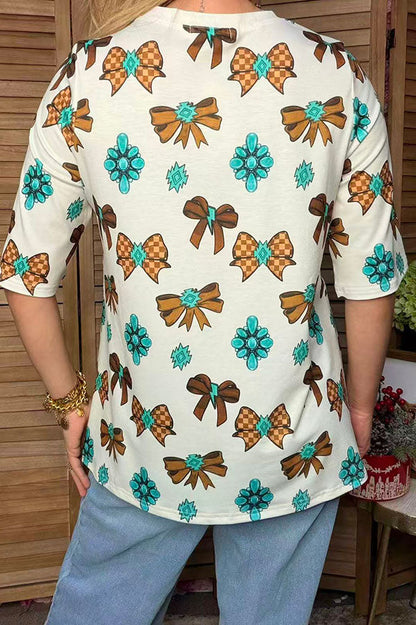 Western checkered bows & jewels short sleeve women's boutique top Southern Stitch XCH17214