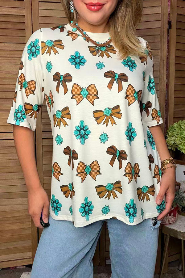 Western checkered bows & jewels short sleeve women's boutique top Southern Stitch XCH17214