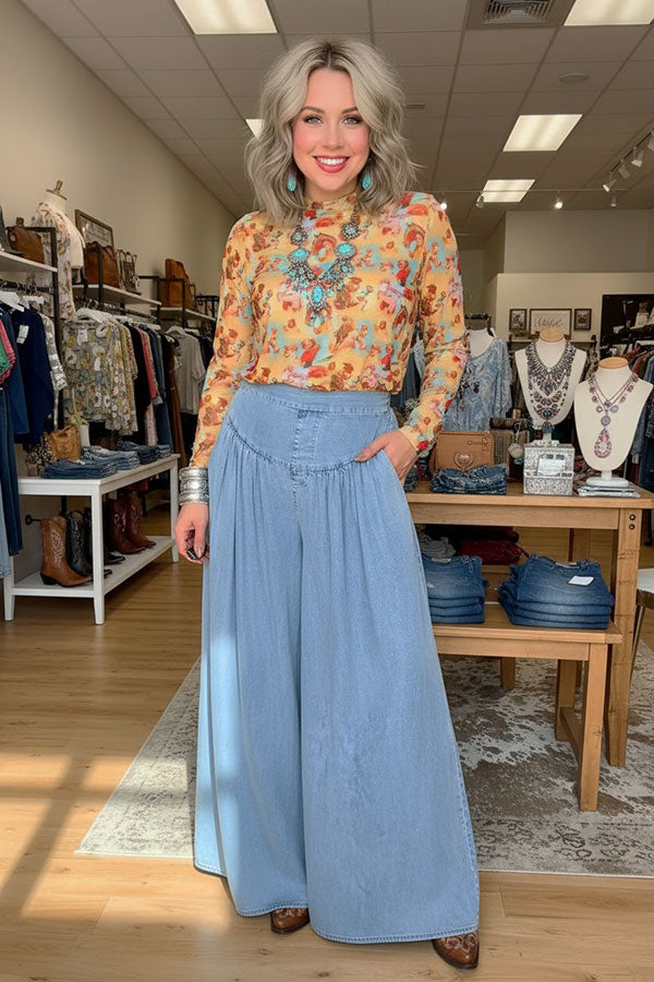 Western washed denim patchwork wide leg women's boutique jeans Southern Stitch XCH17283