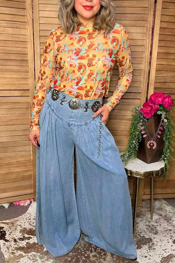 Western washed denim patchwork wide leg women's boutique jeans Southern Stitch XCH17283