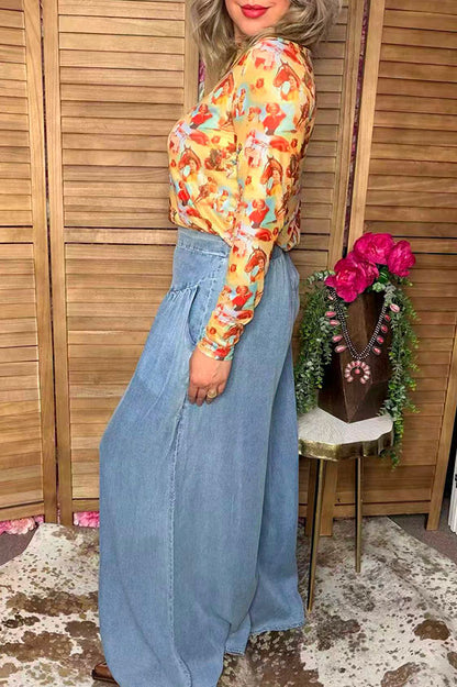 Western washed denim patchwork wide leg women's boutique jeans Southern Stitch XCH17283