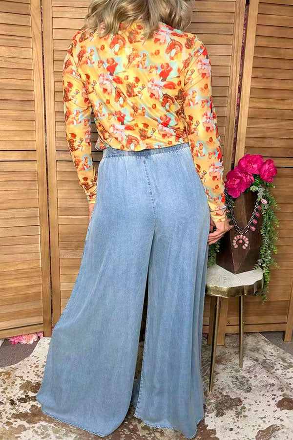 Western washed denim patchwork wide leg women's boutique jeans Southern Stitch XCH17283