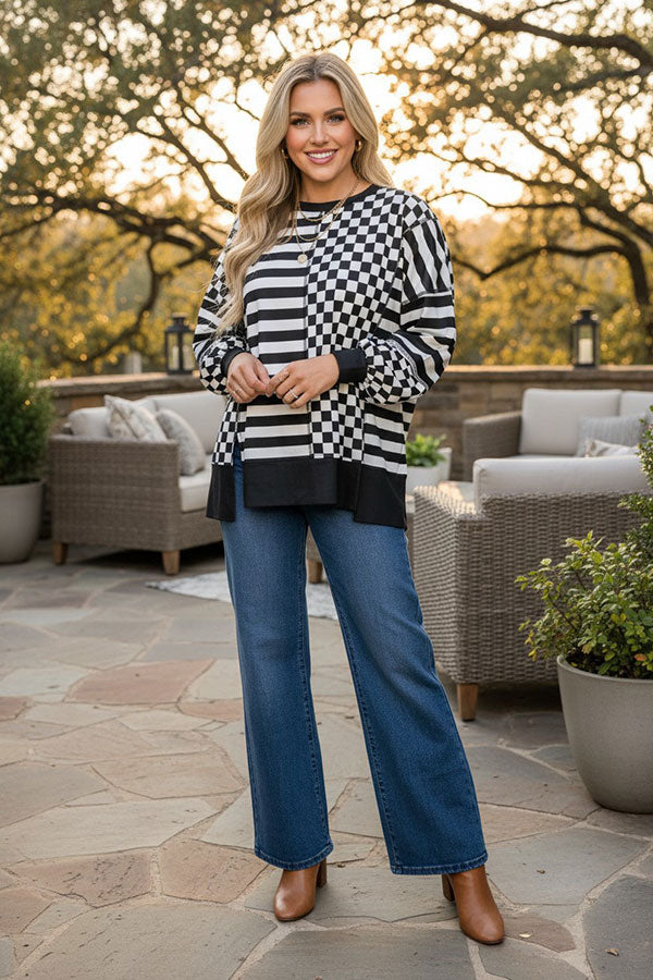 Trendy patchwork checkered & stripes women's boutique top Southern Stitch XCH17288