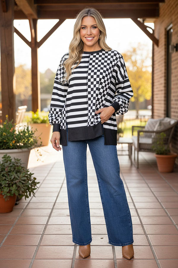 Trendy patchwork checkered & stripes women's boutique top Southern Stitch XCH17288