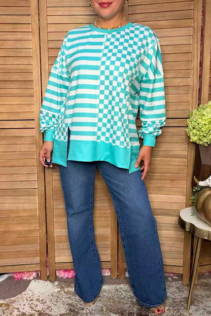 Trendy turquoise patchwork checkered & stripes women's boutique top XCH17289