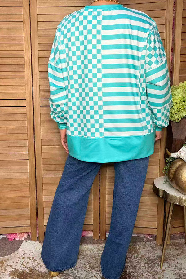 Trendy turquoise patchwork checkered & stripes women's boutique top XCH17289